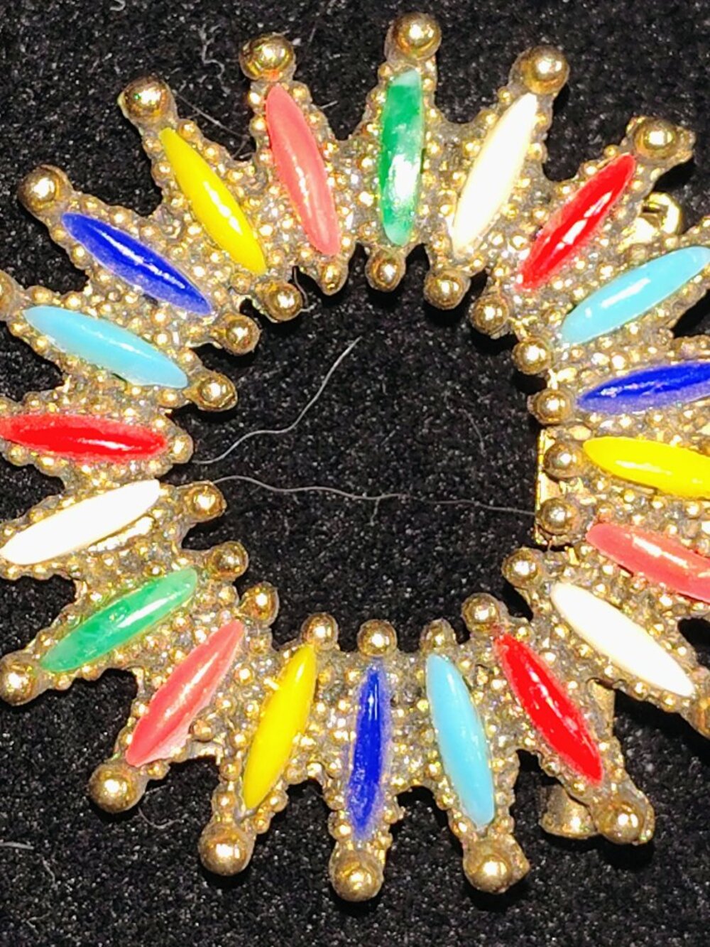Vintage Multi‑Color Enamel Corona Wreath Brooch • Gold‑Tone Sunburst • 1960s